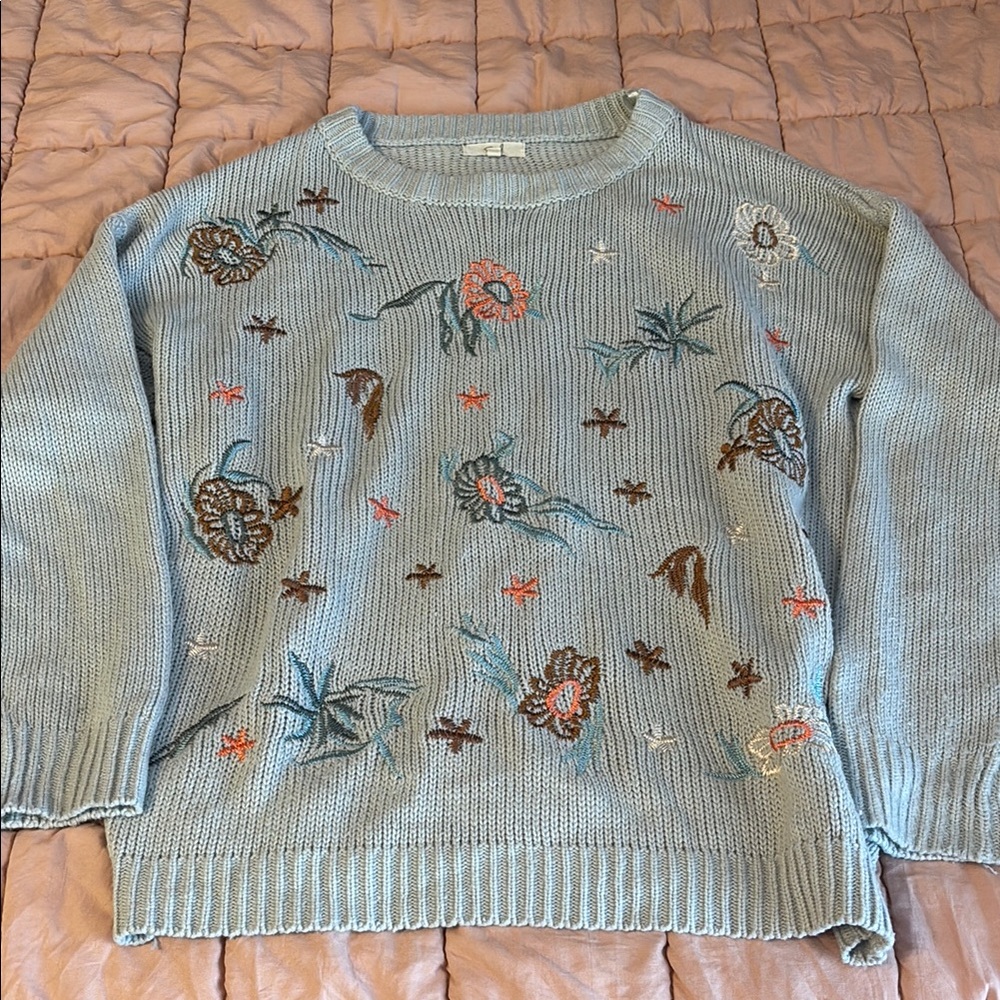 Floral Embroidered Sweater - Blue